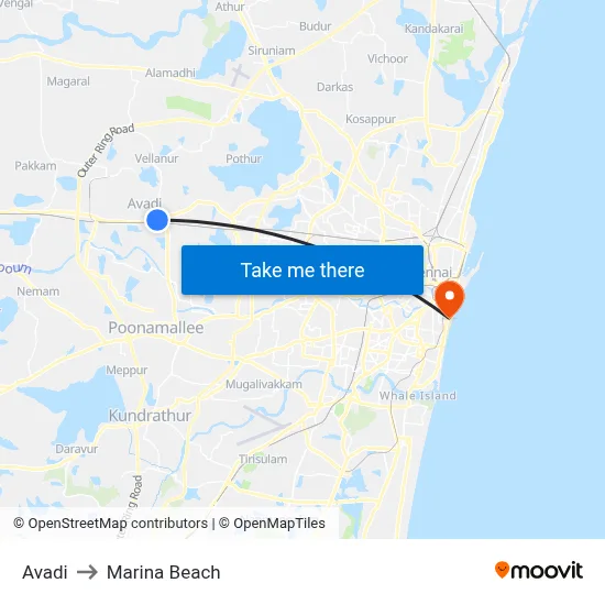 Avadi to Marina Beach map