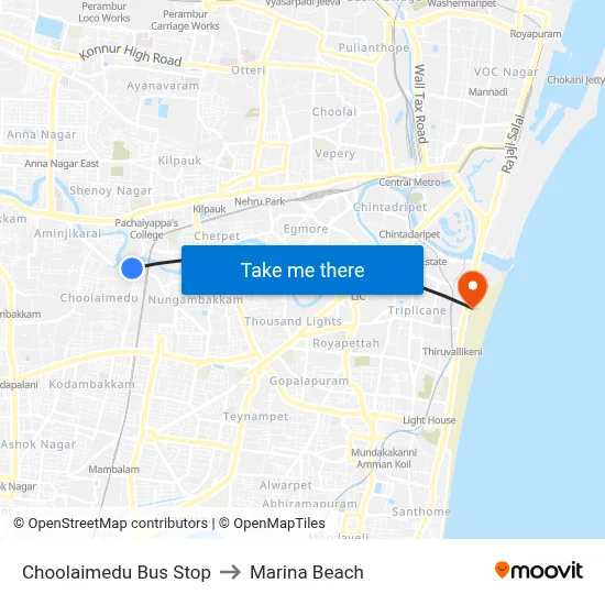 Choolaimedu Bus Stop to Marina Beach map