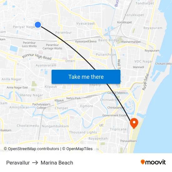 Peravallur to Marina Beach map