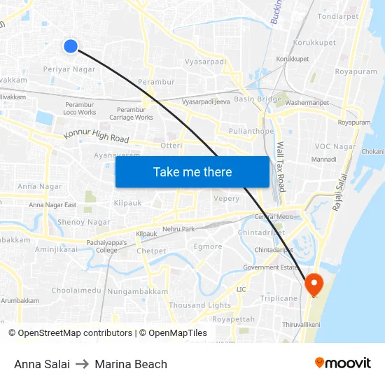 Anna Salai to Marina Beach map