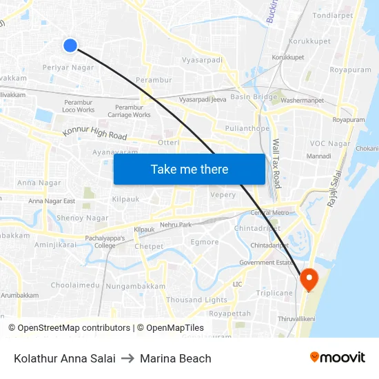 Kolathur Anna Salai to Marina Beach map