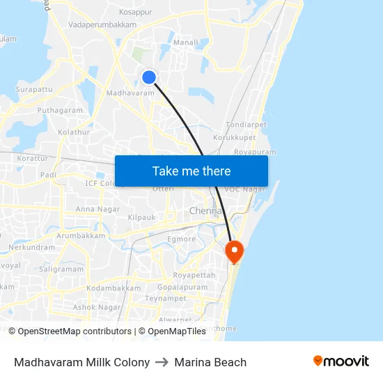 Madhavaram Millk Colony to Marina Beach map