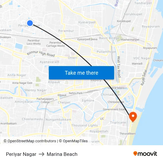 Periyar Nagar to Marina Beach map