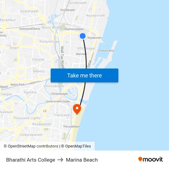 Bharathi Arts College to Marina Beach map