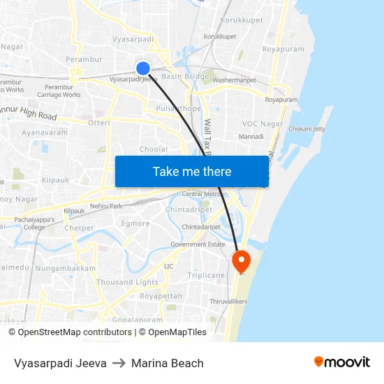 Vyasarpadi Jeeva to Marina Beach map