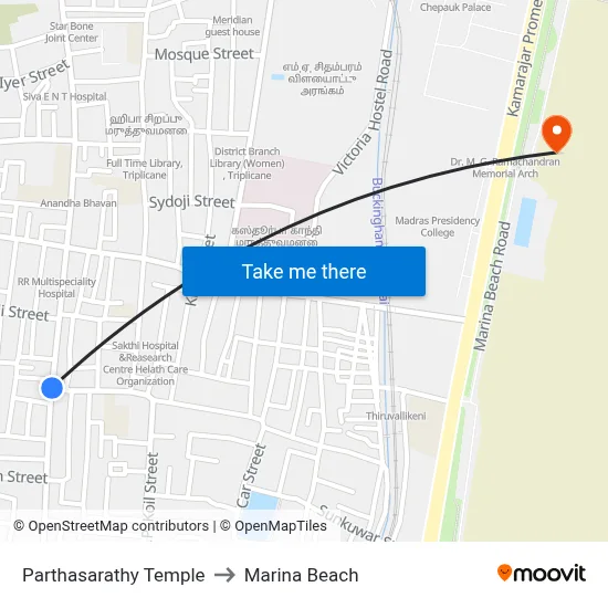 Parthasarathy Temple to Marina Beach map