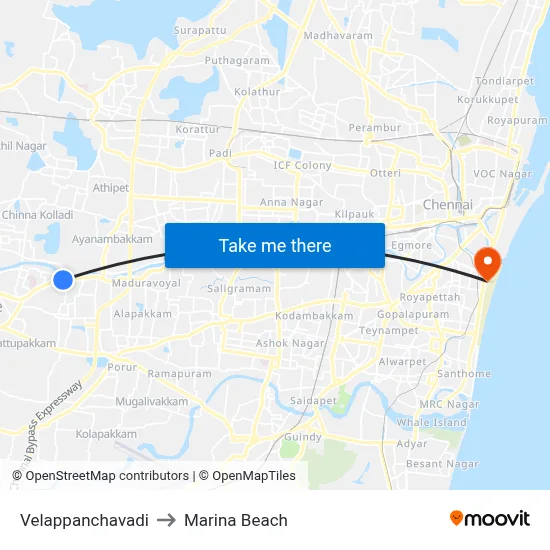 Velappanchavadi to Marina Beach map