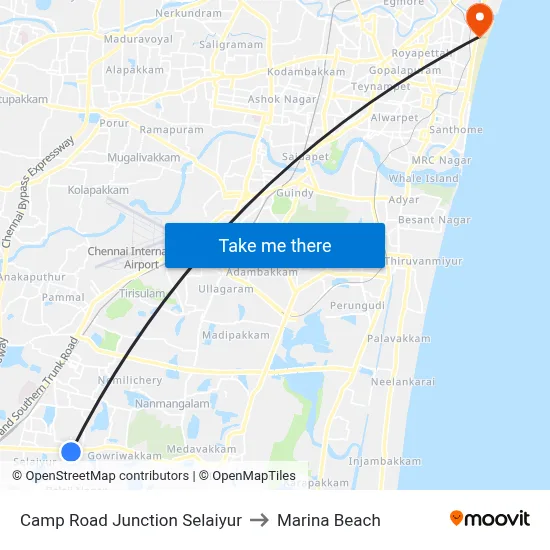 Camp Road Junction Selaiyur to Marina Beach map