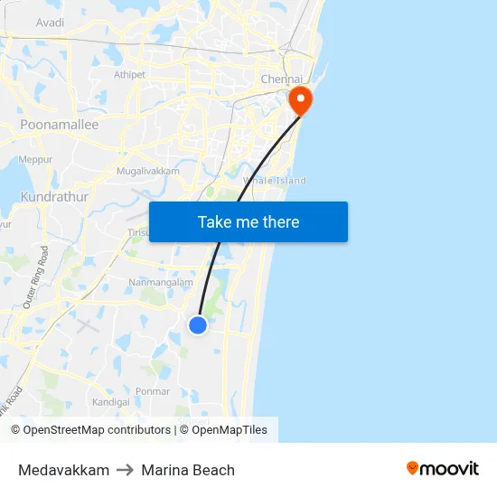 Medavakkam to Marina Beach map