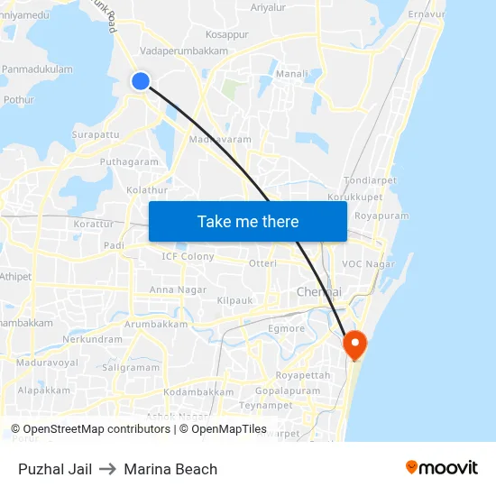 Puzhal Jail to Marina Beach map