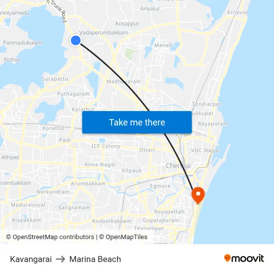 Kavangarai to Marina Beach map