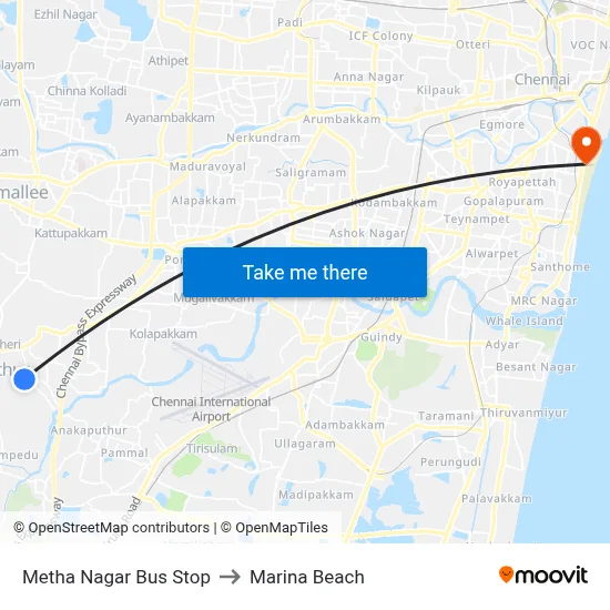 Metha Nagar Bus Stop to Marina Beach map