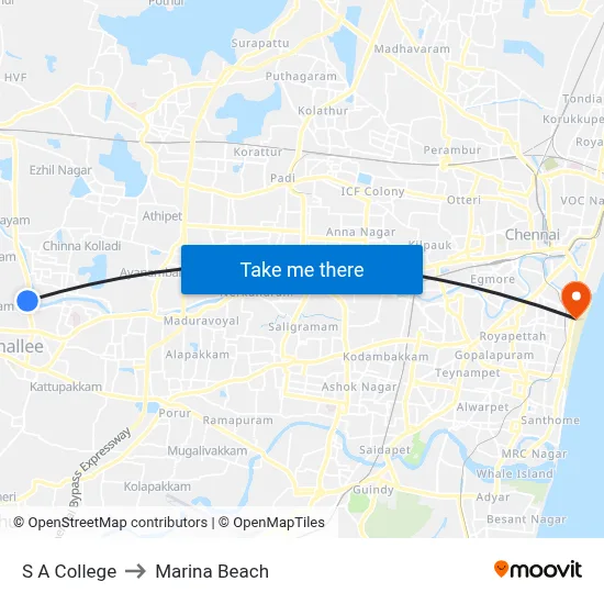 S A College to Marina Beach map