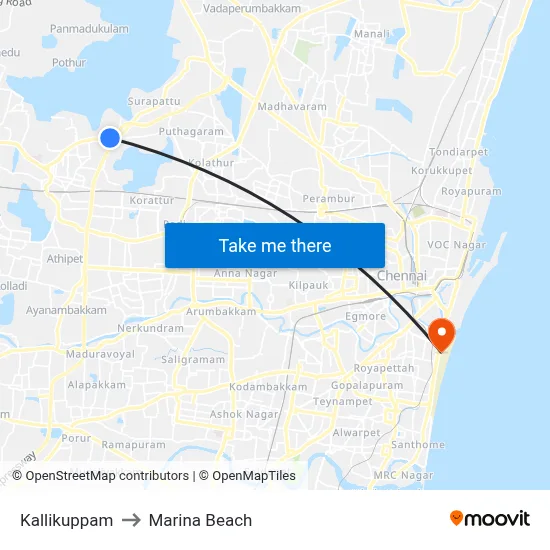 Kallikuppam to Marina Beach map