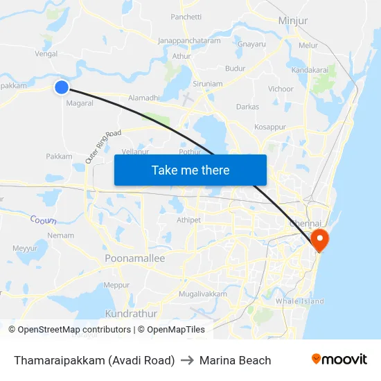 Thamaraipakkam (Avadi Road) to Marina Beach map
