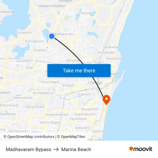 Madhavaram Bypass to Marina Beach map