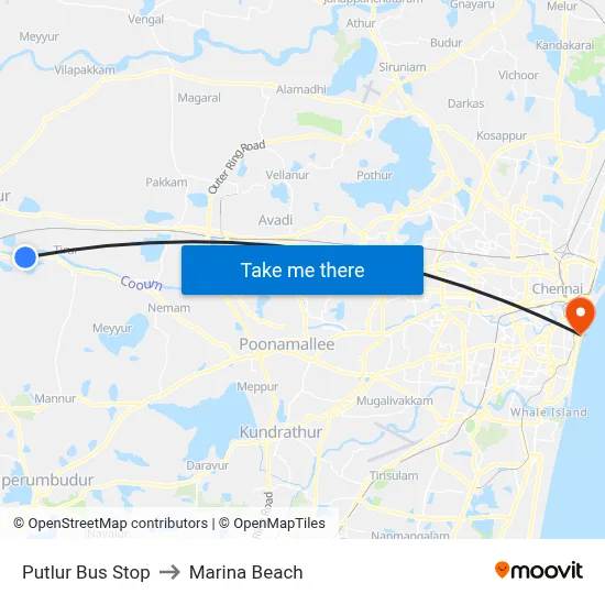 Putlur Bus Stop to Marina Beach map