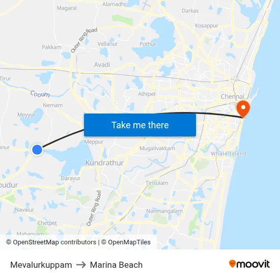 Mevalurkuppam to Marina Beach map