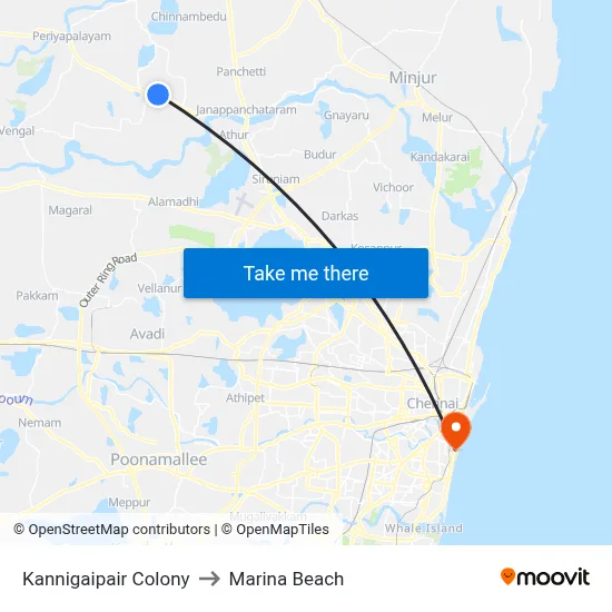 Kannigaipair Colony to Marina Beach map