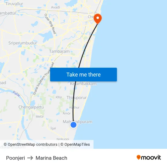 Poonjeri to Marina Beach map
