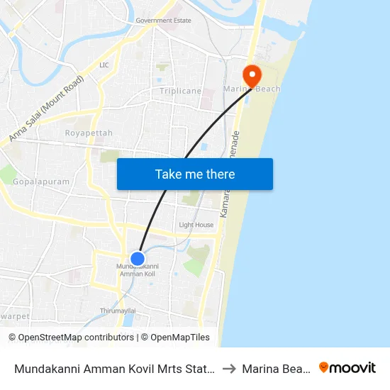 Mundakanni Amman Kovil Mrts Station to Marina Beach map