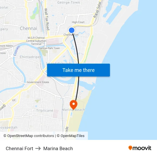 Chennai Fort to Marina Beach map