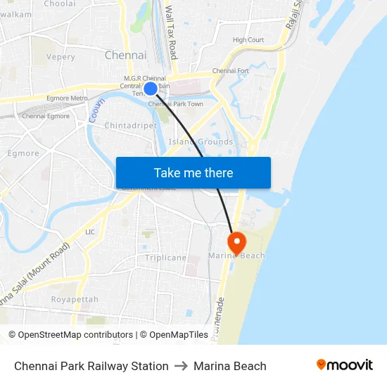 Chennai Park Railway Station to Marina Beach map