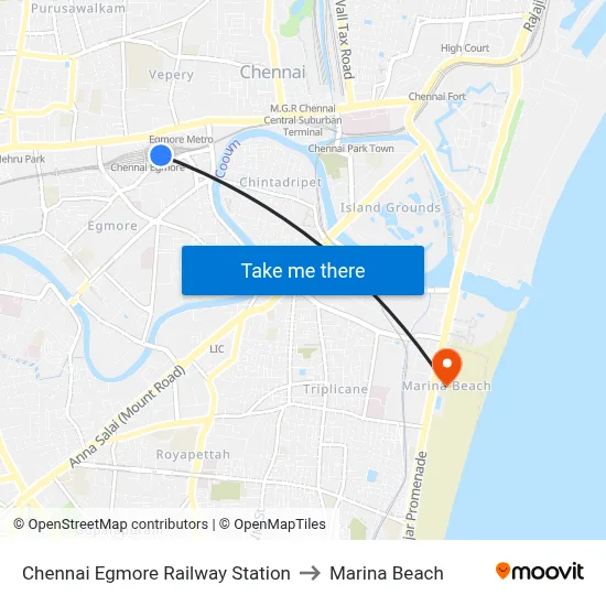 Chennai Egmore Railway Station to Marina Beach map