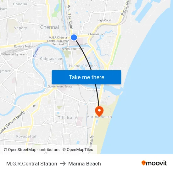 M.G.R.Central Station to Marina Beach map