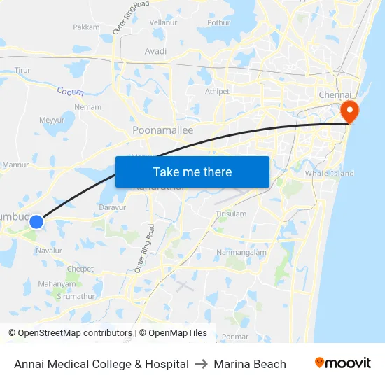Annai Medical College & Hospital to Marina Beach map