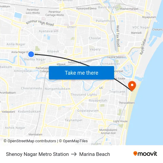 Shenoy Nagar Metro Station to Marina Beach map