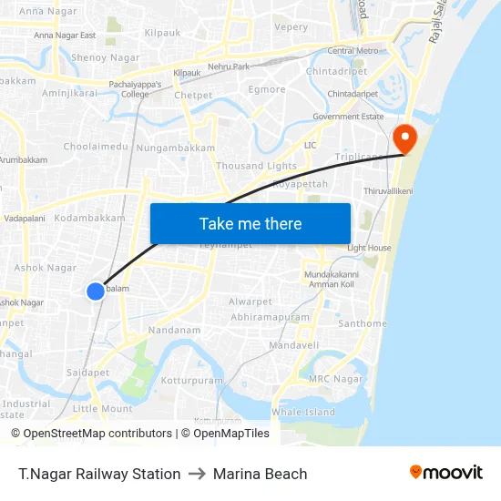 T.Nagar Railway Station to Marina Beach map
