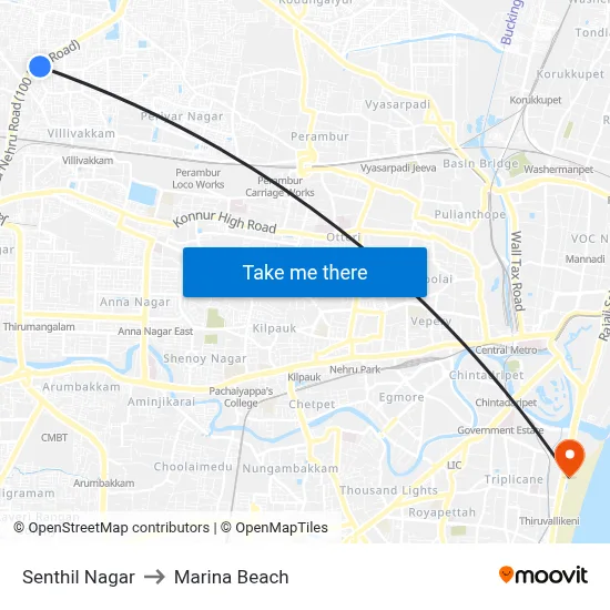 Senthil Nagar to Marina Beach map
