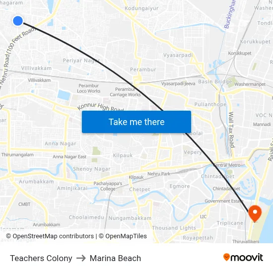 Teachers Colony to Marina Beach map
