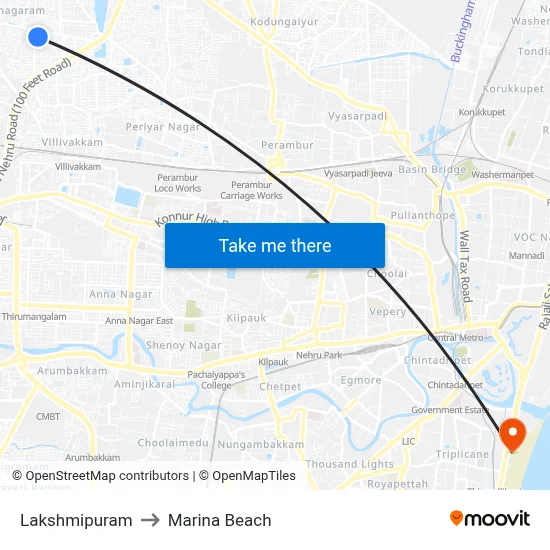 Lakshmipuram to Marina Beach map