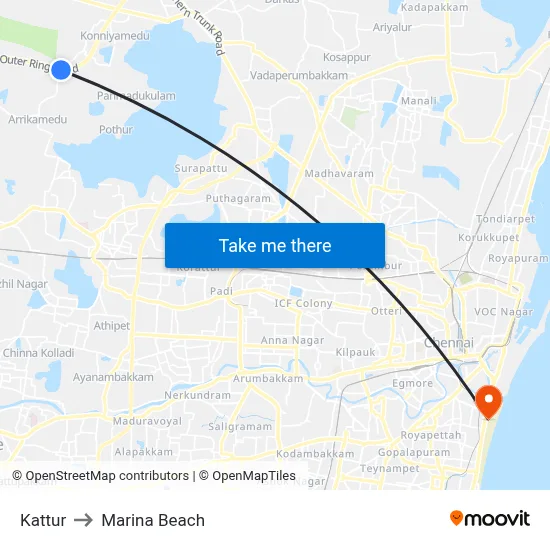 Kattur to Marina Beach map