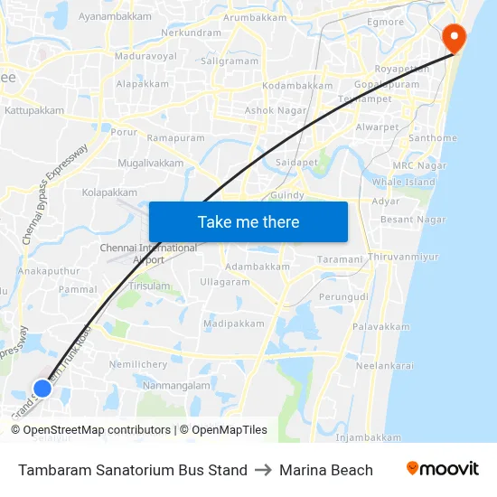Tambaram Sanatorium Bus Stand to Marina Beach map
