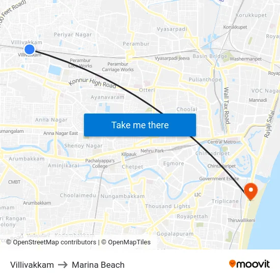 Villivakkam to Marina Beach map