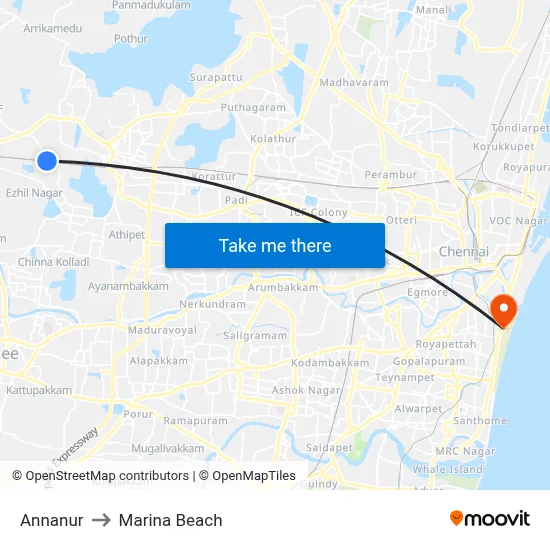 Annanur to Marina Beach map
