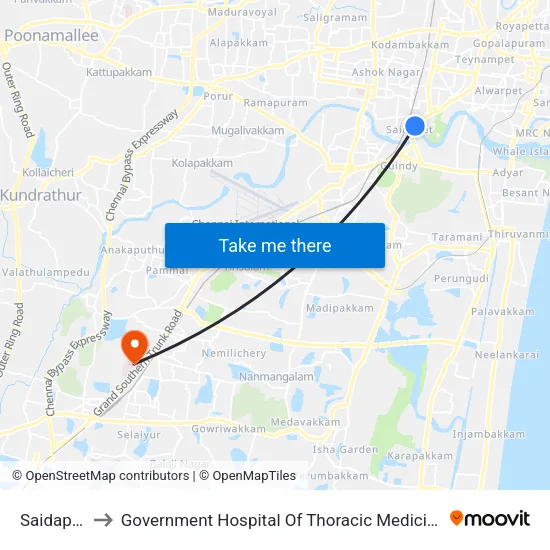 Saidapet to Government Hospital Of Thoracic Medicine map