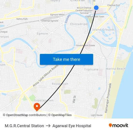 M.G.R.Central Station to Agarwal Eye Hospital map