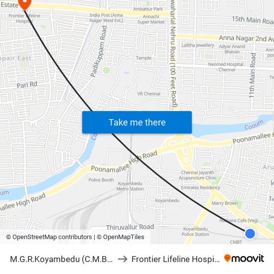 M.G.R.Koyambedu (C.M.B.T.) to Frontier Lifeline Hospital map