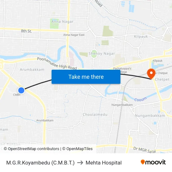 M.G.R.Koyambedu (C.M.B.T.) to Mehta Hospital map