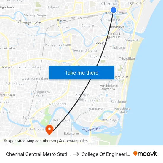 Chennai Central Metro Station to College Of Engineering map