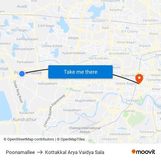 Poonamallee to Kottakkal Arya Vaidya Sala map