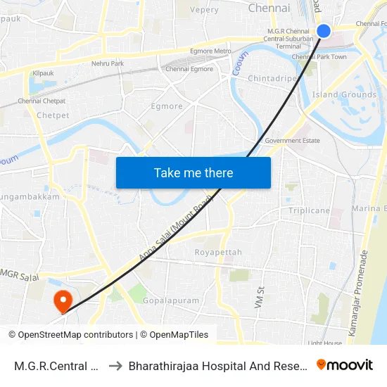 M.G.R.Central Station to Bharathirajaa Hospital And Research Centre map