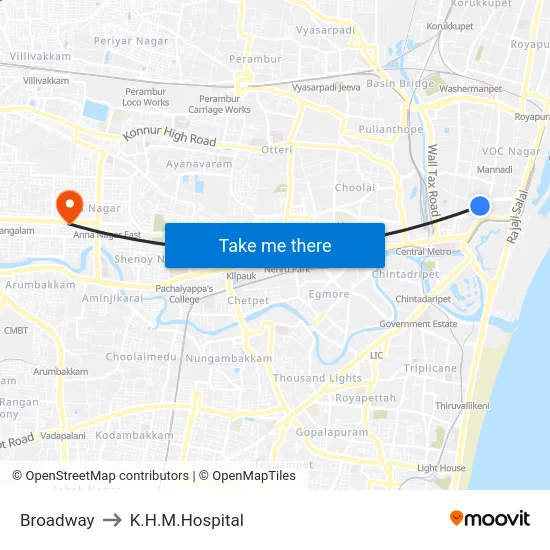 Broadway to K.H.M.Hospital map