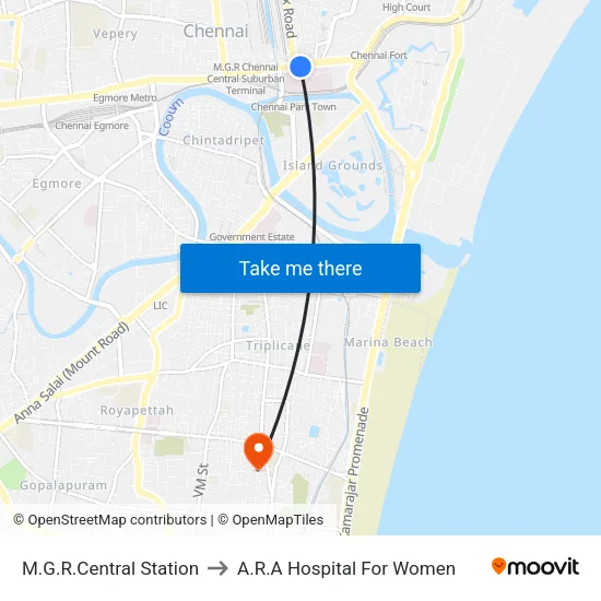 M.G.R.Central Station to A.R.A Hospital For Women map