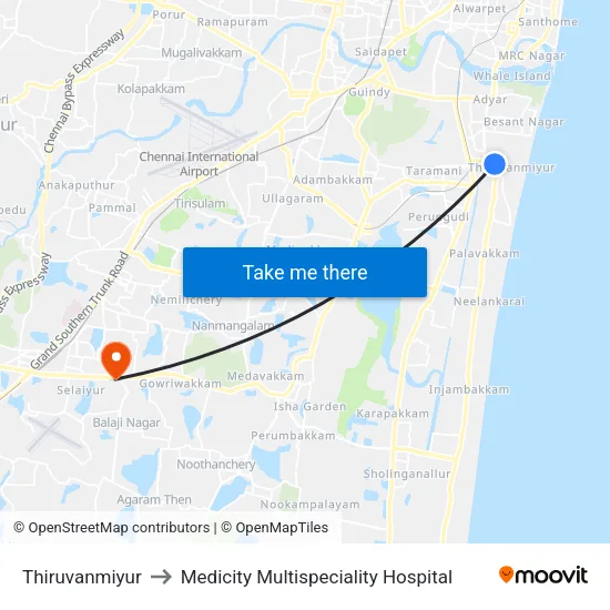 Thiruvanmiyur to Medicity Multispeciality Hospital map