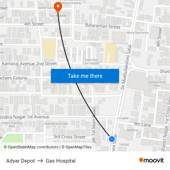 अड्यार डिपो to गैस अस्पताल map